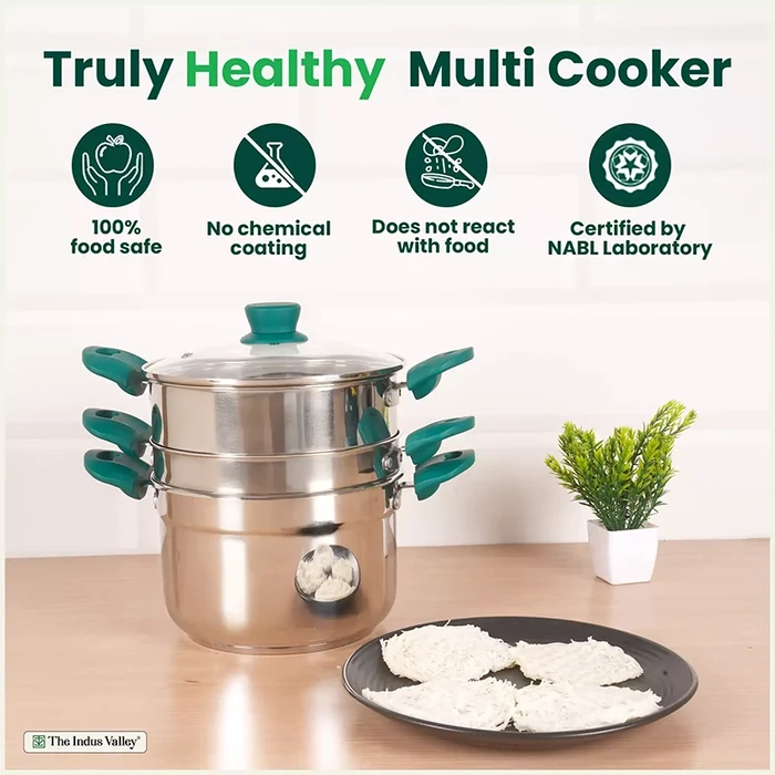 Tri-steel Multi Cooker Pot 21 cm Premium Stainless Steel Momo Maker/ Idiyappam/ Biryani/ Veg Steaming Set 3 Pots, Induction & Gas