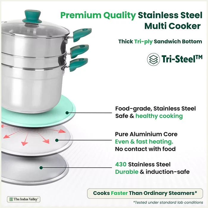 Tri-steel Multi Cooker Pot 21 cm Premium Stainless Steel Momo Maker/ Idiyappam/ Biryani/ Veg Steaming Set 3 Pots, Induction & Gas