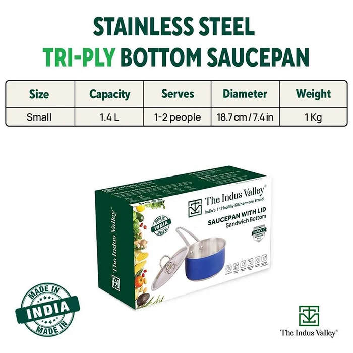 Tri-Steel Premium Stainless Steel Saucepan/ Milk/ Tea Pan, Tri-ply (3 Layer) Induction Bottom, Steel Lid