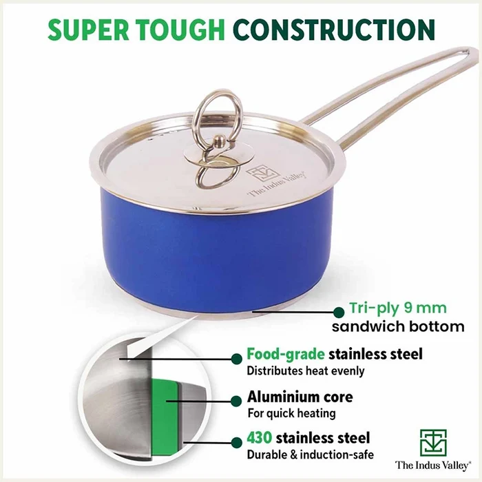 Tri-Steel Premium Stainless Steel Saucepan/ Milk/ Tea Pan, Tri-ply (3 Layer) Induction Bottom, Steel Lid