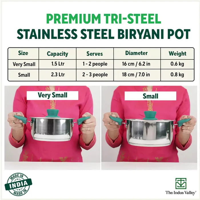 Tri-Steel Stainless Steel Biryani Pot+ Lid 1.5/2.3L, Premium Quality, Tri-ply (3 Layer) Bottom, Soft-touch Handles, 100% Toxin-free, Non-stick, Induction & Gas