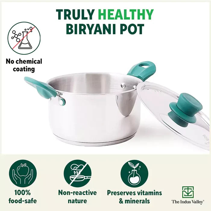 Tri-Steel Stainless Steel Biryani Pot+ Lid 1.5/2.3L, Premium Quality, Tri-ply (3 Layer) Bottom, Soft-touch Handles, 100% Toxin-free, Non-stick, Induction & Gas