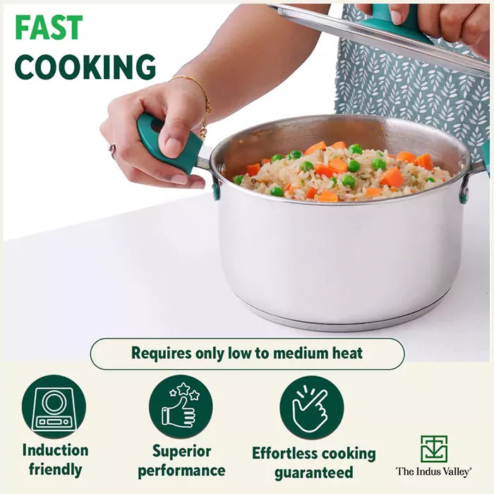 Tri-Steel Stainless Steel Biryani Pot+ Lid 1.5/2.3L, Premium Quality, Tri-ply (3 Layer) Bottom, Soft-touch Handles, 100% Toxin-free, Non-stick, Induction & Gas