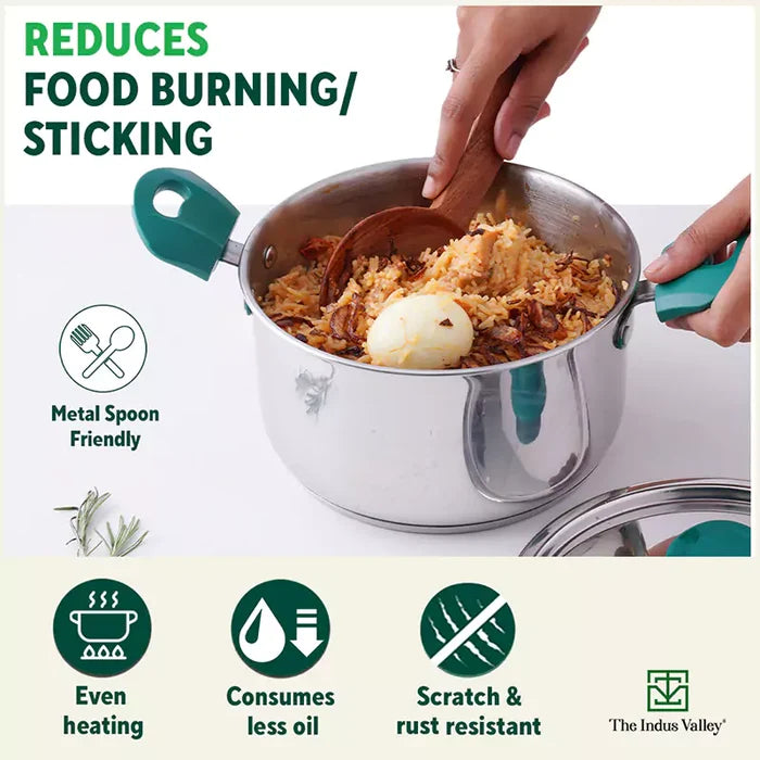 Tri-Steel Stainless Steel Biryani Pot+ Lid 1.5/2.3L, Premium Quality, Tri-ply (3 Layer) Bottom, Soft-touch Handles, 100% Toxin-free, Non-stick, Induction & Gas