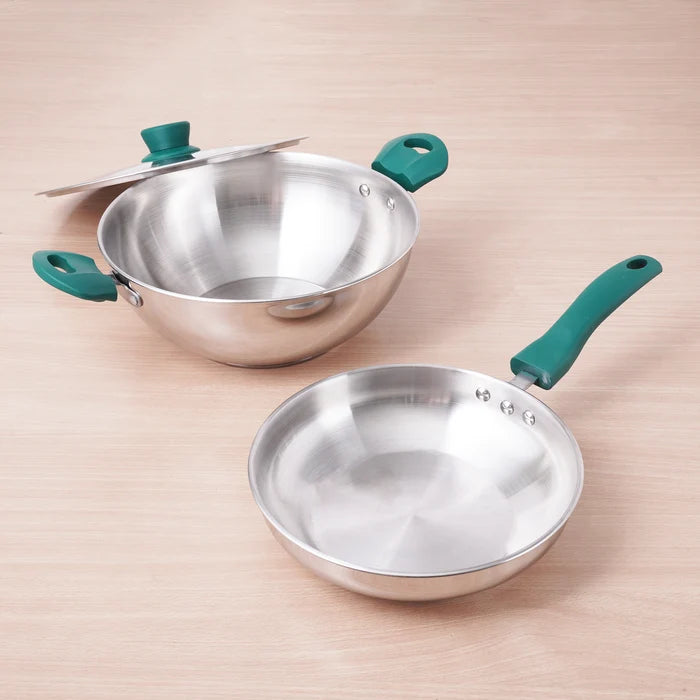Tri-Steel Stainless Steel Cookware Set: Kadai with Lid(22cm)+ Frypan(22cm), Premium Quality, Tri-ply (3 Layer) Bottom, Soft-touch Handles, 100% Toxin-free, Non-stick, Induction & Gas