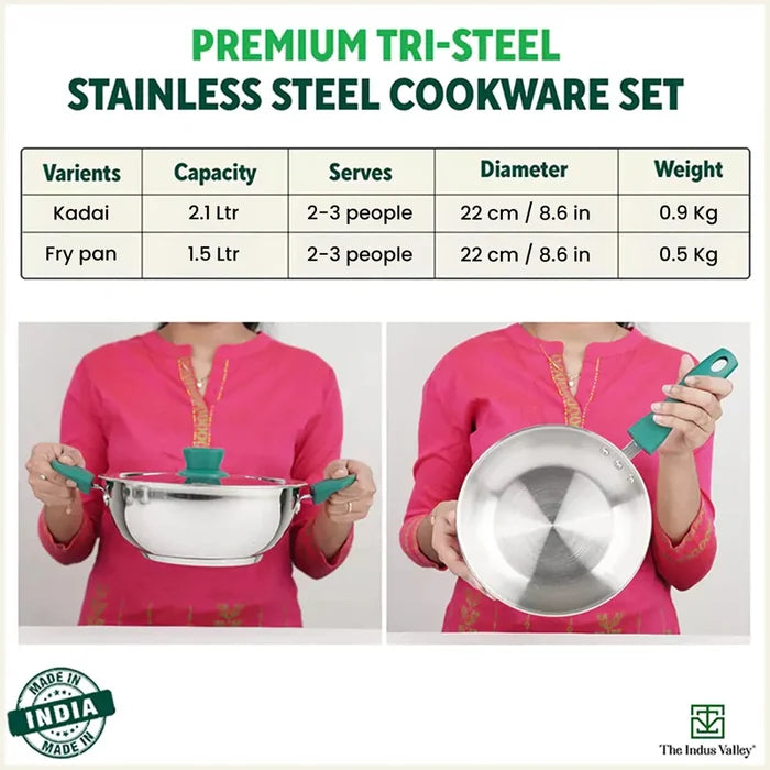 Tri-Steel Stainless Steel Cookware Set: Kadai with Lid(22cm)+ Frypan(22cm), Premium Quality, Tri-ply (3 Layer) Bottom, Soft-touch Handles, 100% Toxin-free, Non-stick, Induction & Gas