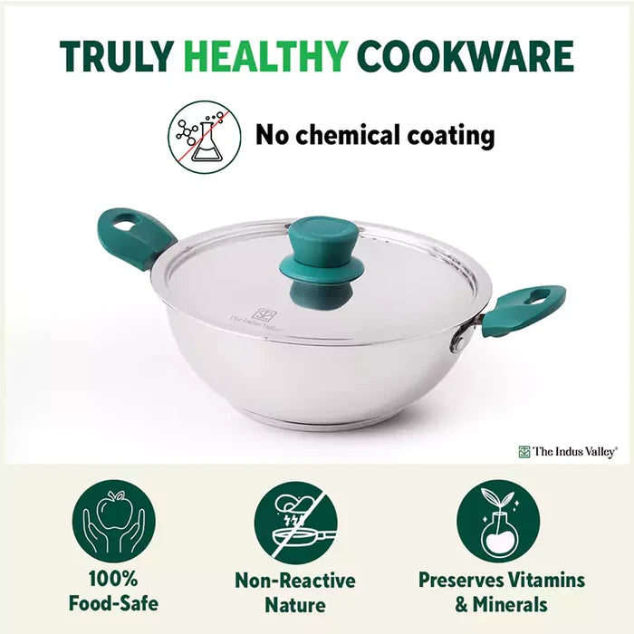 Tri-Steel Stainless Steel Cookware Set: Kadai with Lid(22cm)+ Frypan(22cm), Premium Quality, Tri-ply (3 Layer) Bottom, Soft-touch Handles, 100% Toxin-free, Non-stick, Induction & Gas