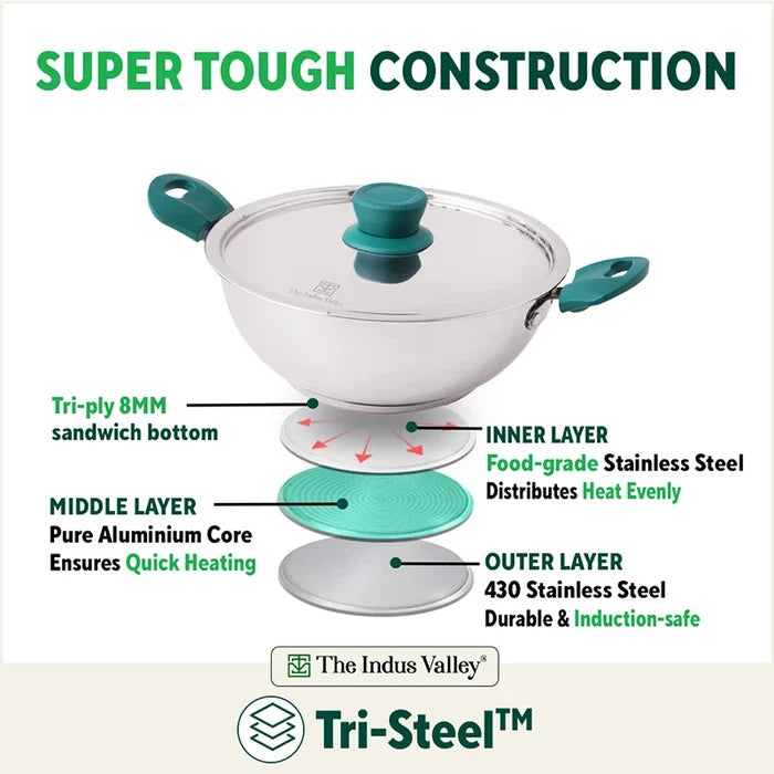 Tri-Steel Stainless Steel Cookware Set: Kadai with Lid(22cm)+ Frypan(22cm), Premium Quality, Tri-ply (3 Layer) Bottom, Soft-touch Handles, 100% Toxin-free, Non-stick, Induction & Gas