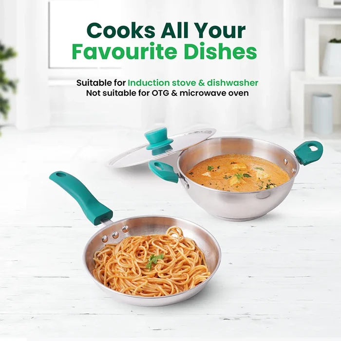 Tri-Steel Stainless Steel Cookware Set: Kadai with Lid(22cm)+ Frypan(22cm), Premium Quality, Tri-ply (3 Layer) Bottom, Soft-touch Handles, 100% Toxin-free, Non-stick, Induction & Gas