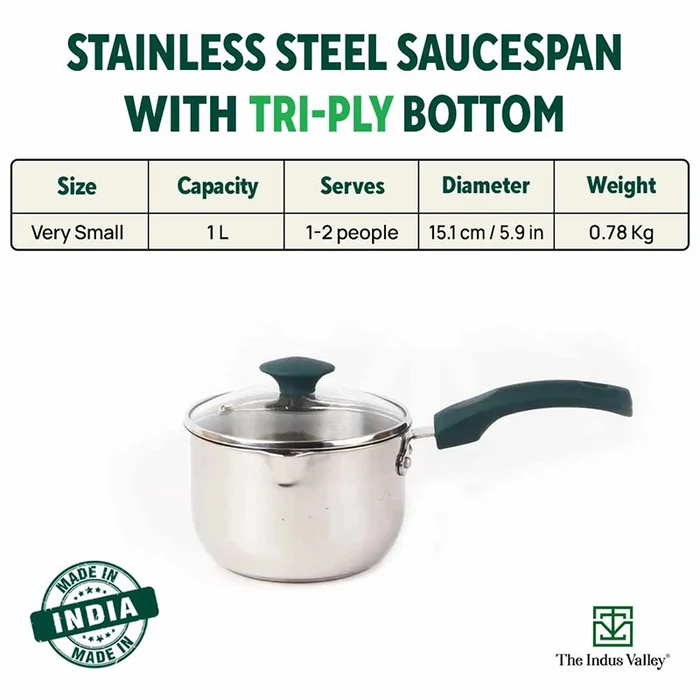 Tri-steel Stainless Steel Tea/Milk Pan with Spout & Glass lid, Premium Quality, Tri-ply (3 Layer) Bottom, 100% Toxin-free, Non-stick, Induction & Gas, 1 Litre
