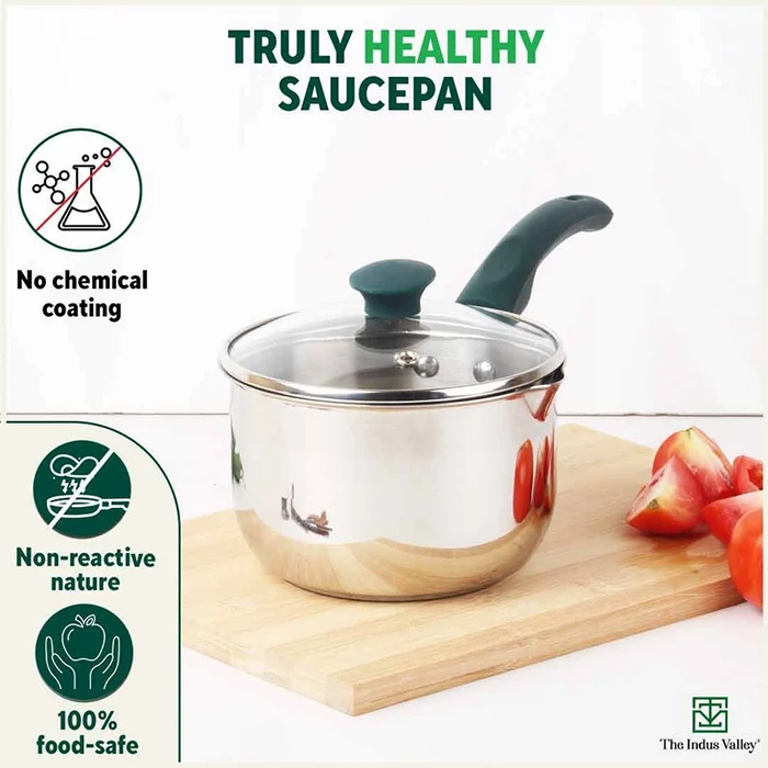 Tri-steel Stainless Steel Tea/Milk Pan with Spout & Glass lid, Premium Quality, Tri-ply (3 Layer) Bottom, 100% Toxin-free, Non-stick, Induction & Gas, 1 Litre