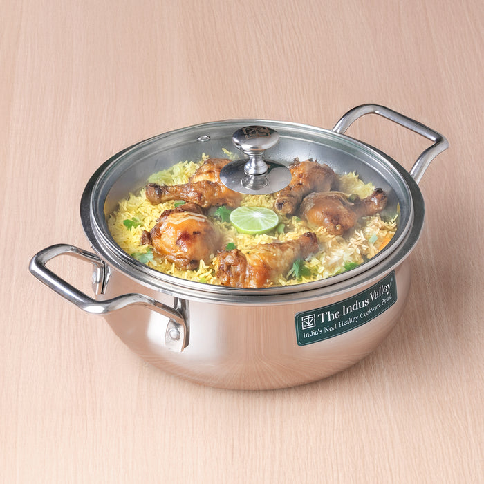 TurboCuk Tri-ply 2L Biryani Cooking Pot/Casserole+ Glass Lid, Wide Handi Shape, Premium Quality, 3 Layer Thick Body, 100% Toxin-free, Non-stick, Induction & Gas