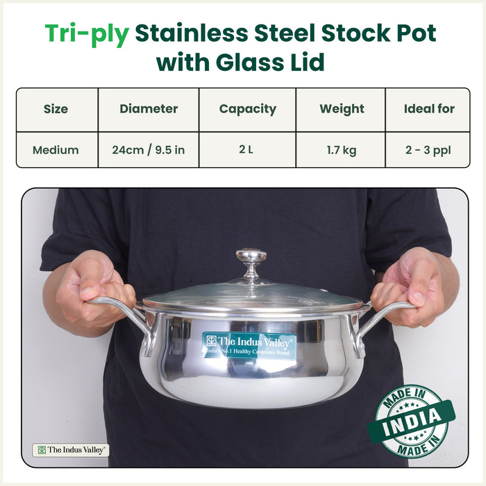 TurboCuk Tri-ply 2L Biryani Cooking Pot/Casserole+ Glass Lid, Wide Handi Shape, Premium Quality, 3 Layer Thick Body, 100% Toxin-free, Non-stick, Induction & Gas