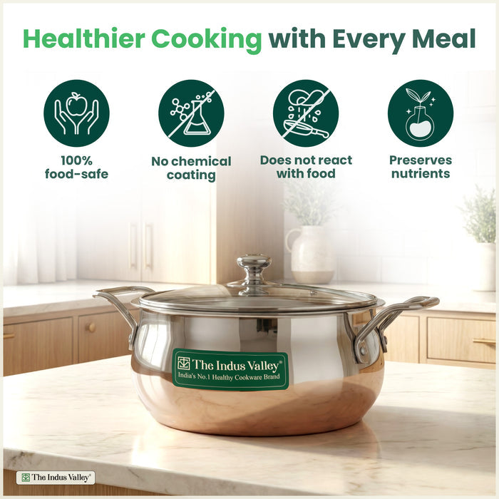 TurboCuk Tri-ply 2L Biryani Cooking Pot/Casserole+ Glass Lid, Wide Handi Shape, Premium Quality, 3 Layer Thick Body, 100% Toxin-free, Non-stick, Induction & Gas