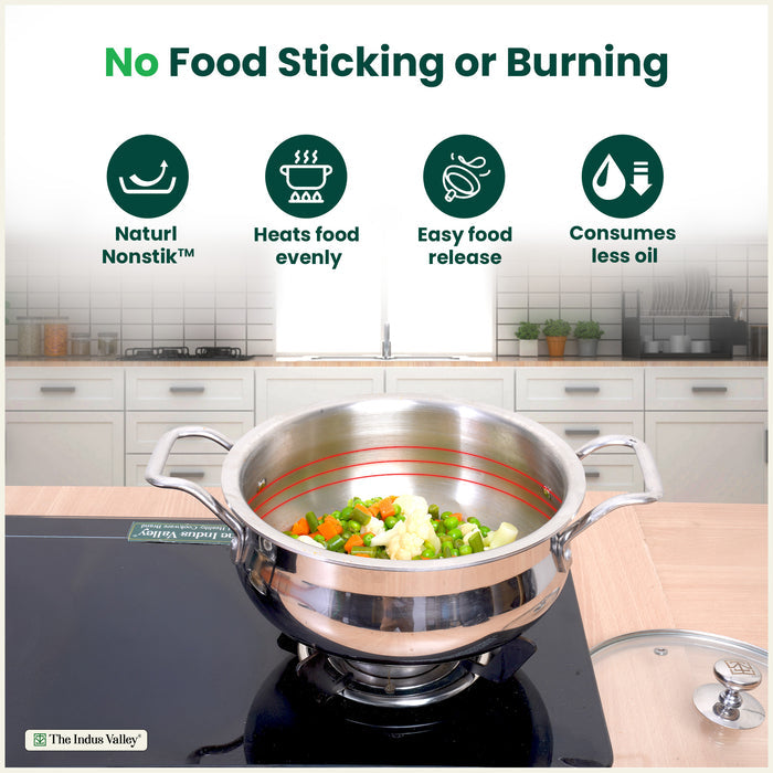 TurboCuk Tri-ply 2L Biryani Cooking Pot/Casserole+ Glass Lid, Wide Handi Shape, Premium Quality, 3 Layer Thick Body, 100% Toxin-free, Non-stick, Induction & Gas