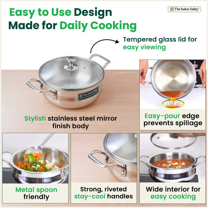 TurboCuk Tri-ply 2L Biryani Cooking Pot/Casserole+ Glass Lid, Wide Handi Shape, Premium Quality, 3 Layer Thick Body, 100% Toxin-free, Non-stick, Induction & Gas