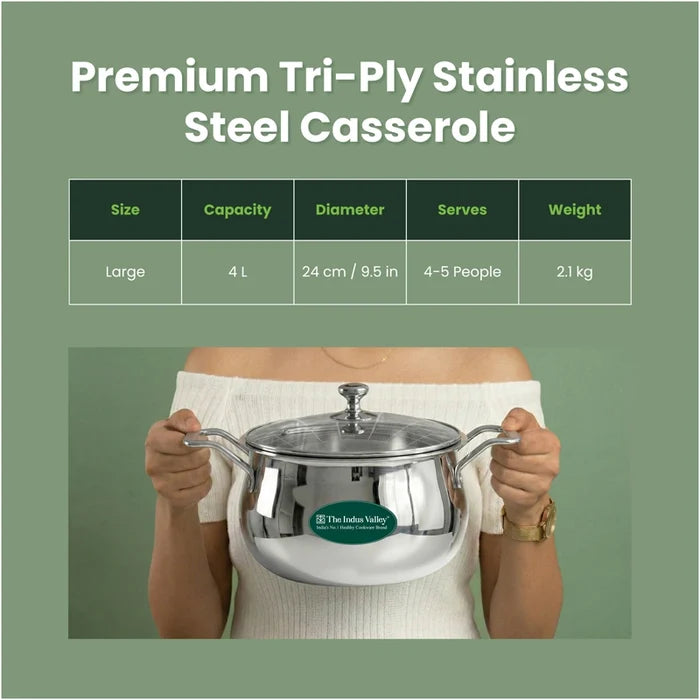 TurboCuk Tri-ply Stainless Steel 4L Handi Casserole/ Biryani Cooking Pot+ Glass Lid, Premium Quality, 3 Layer Thick Body, 100% Toxin-free, Non-stick, Induction & Gas