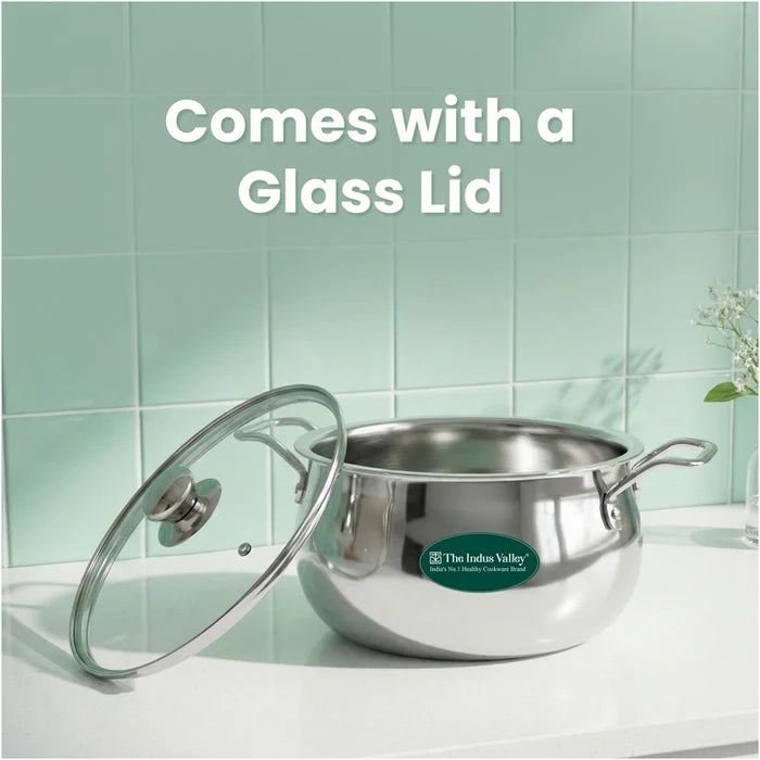 TurboCuk Tri-ply Stainless Steel 4L Handi Casserole/ Biryani Cooking Pot+ Glass Lid, Premium Quality, 3 Layer Thick Body, 100% Toxin-free, Non-stick, Induction & Gas