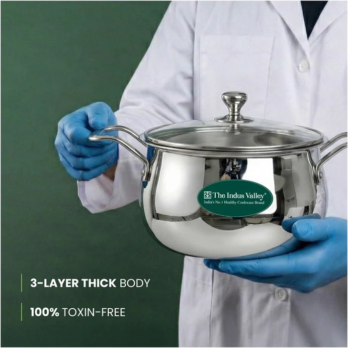 TurboCuk Tri-ply Stainless Steel 4L Handi Casserole/ Biryani Cooking Pot+ Glass Lid, Premium Quality, 3 Layer Thick Body, 100% Toxin-free, Non-stick, Induction & Gas