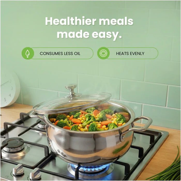 TurboCuk Tri-ply Stainless Steel 4L Handi Casserole/ Biryani Cooking Pot+ Glass Lid, Premium Quality, 3 Layer Thick Body, 100% Toxin-free, Non-stick, Induction & Gas