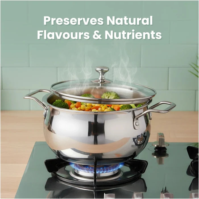 TurboCuk Tri-ply Stainless Steel 4L Handi Casserole/ Biryani Cooking Pot+ Glass Lid, Premium Quality, 3 Layer Thick Body, 100% Toxin-free, Non-stick, Induction & Gas
