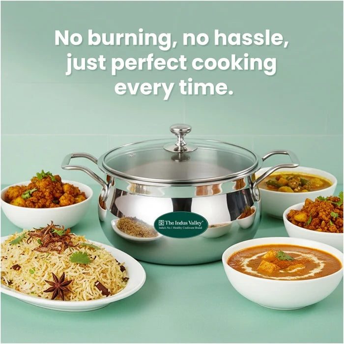 TurboCuk Tri-ply Stainless Steel 4L Handi Casserole/ Biryani Cooking Pot+ Glass Lid, Premium Quality, 3 Layer Thick Body, 100% Toxin-free, Non-stick, Induction & Gas