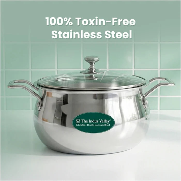TurboCuk Tri-ply Stainless Steel 4L Handi Casserole/ Biryani Cooking Pot+ Glass Lid, Premium Quality, 3 Layer Thick Body, 100% Toxin-free, Non-stick, Induction & Gas