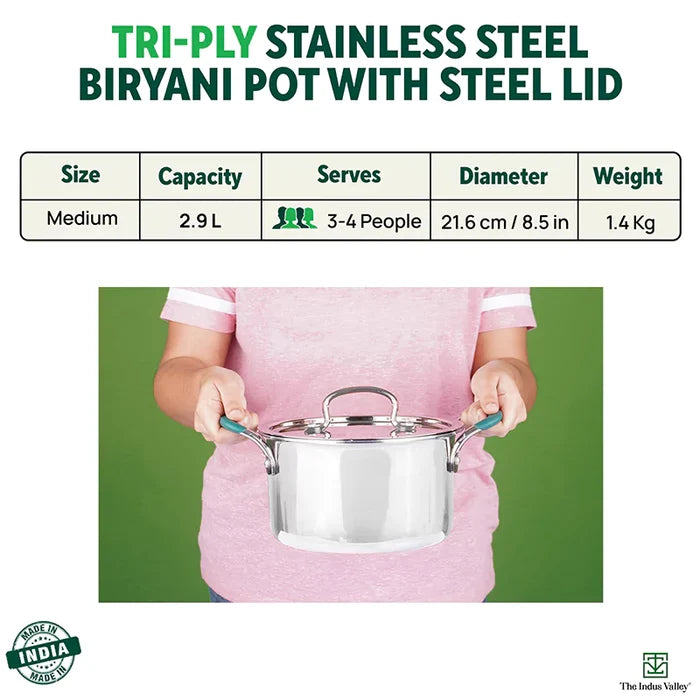 TurboCuk Tri-ply Stainless Steel Casserole/Biryani Cooking Pot 2.9L + Steel Lid, Premium 3 Layer Body, Cool Silicone Handles, Induction, Non-stick