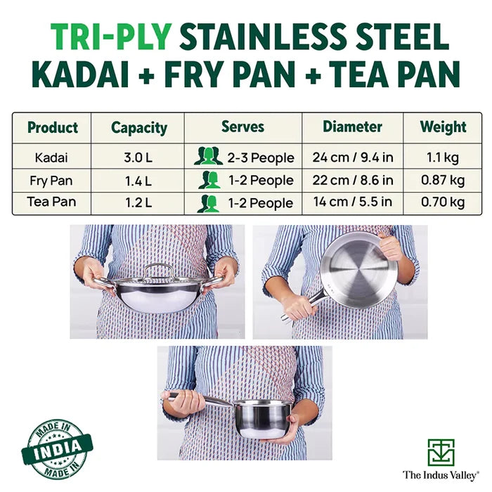 TurboCuk Tri-ply Stainless Steel Cookware Set: (24cm) Kadai+ (22cm) Frypan+ (14cm )Tea/Milk pan, Premium Quality, 3 Layer Thick Body, 100% Toxin-free, Non-stick, Induction & Gas
