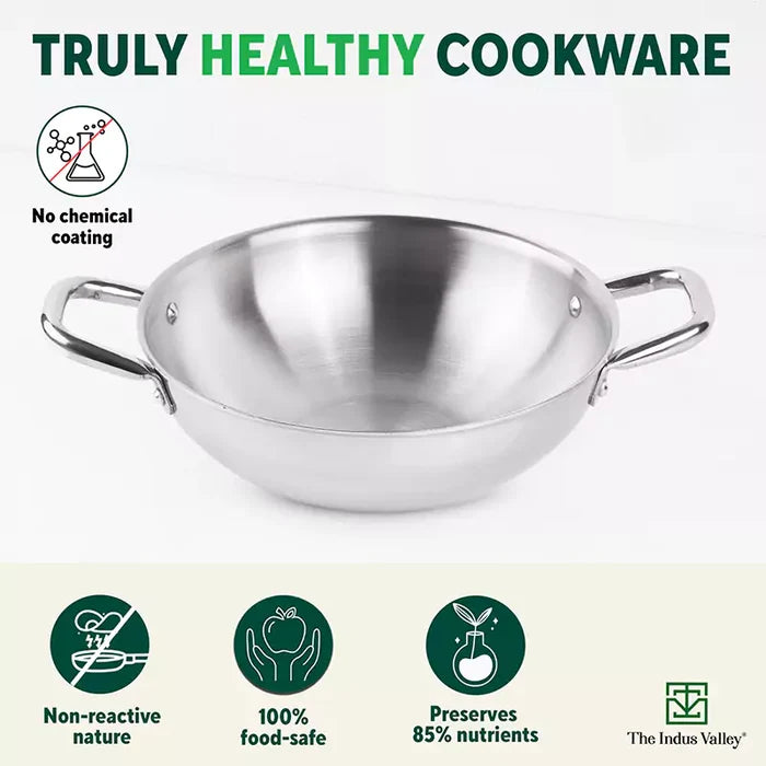TurboCuk Tri-ply Stainless Steel Cookware Set: (24cm) Kadai+ (22cm) Frypan+ (14cm )Tea/Milk pan, Premium Quality, 3 Layer Thick Body, 100% Toxin-free, Non-stick, Induction & Gas