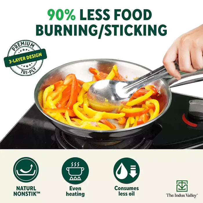 TurboCuk Tri-ply Stainless Steel Cookware Set: (24cm) Kadai+ (22cm) Frypan+ (14cm )Tea/Milk pan, Premium Quality, 3 Layer Thick Body, 100% Toxin-free, Non-stick, Induction & Gas