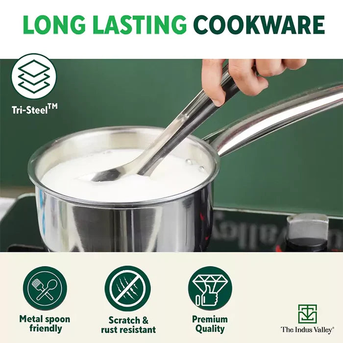 TurboCuk Tri-ply Stainless Steel Cookware Set: (24cm) Kadai+ (22cm) Frypan+ (14cm )Tea/Milk pan, Premium Quality, 3 Layer Thick Body, 100% Toxin-free, Non-stick, Induction & Gas