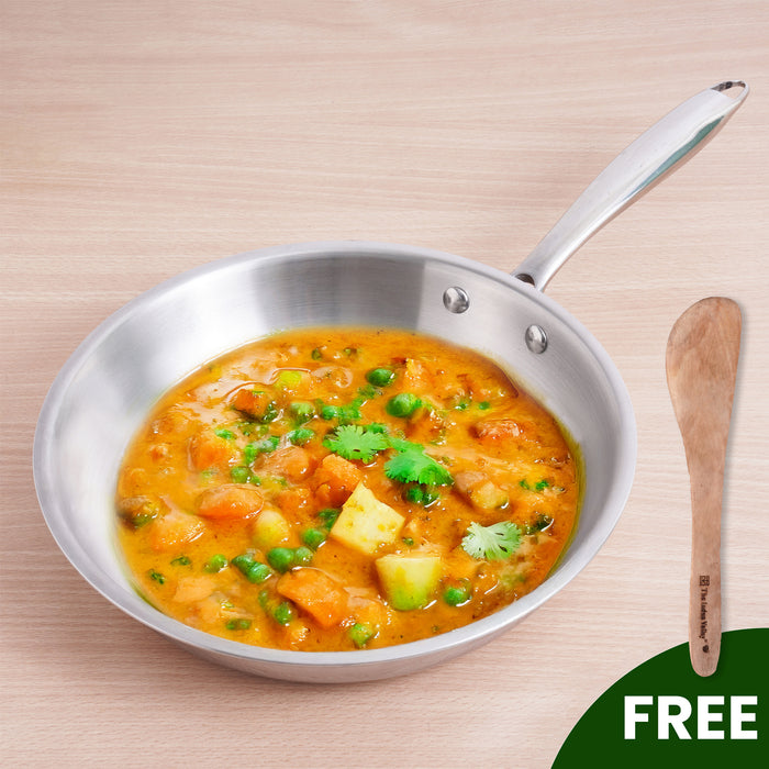TurboCuk Tri-ply Stainless Steel Fry Pan 1.5/1.7/1.9L, Premium Quality, 3 Layer Thick Body, 100% Toxin-free, Non-stick, Induction & Gas, Free 110 Spatula, 22/24/26 cm