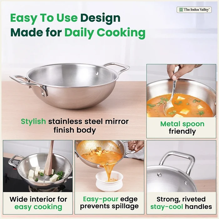TurboCuk Tri-ply Stainless Steel Kadai 1.7/2.7/3.5L, Premium Quality, 3 Layer Thick Body, 100% Toxin-free, Non-stick, Induction & Gas, Free ₹ 110 Spatula