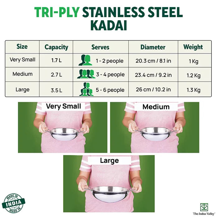 TurboCuk Tri-ply Stainless Steel Kadai 1.7/2.7/4L, Premium 3 Layer Body, Induction, Non-stick