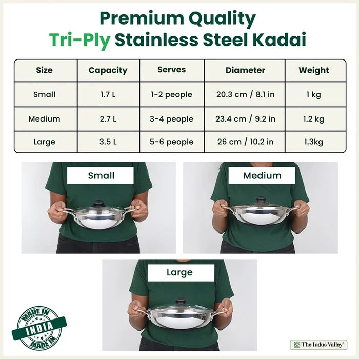TurboCuk Tri-ply Stainless Steel Kadai+ Glass Lid 1.7/2.7/3.5L, Premium Quality, 3 Layer Thick Body, 100% Toxin-free, Non-stick, Induction & Gas