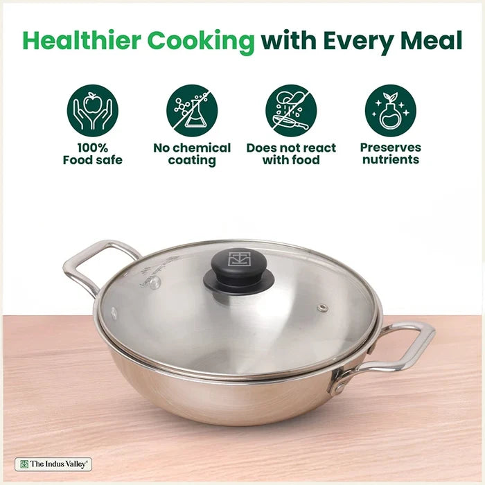 TurboCuk Tri-ply Stainless Steel Kadai+ Glass Lid 1.7/2.7/3.5L, Premium Quality, 3 Layer Thick Body, 100% Toxin-free, Non-stick, Induction & Gas