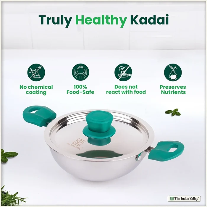 TurboCuk Tri-ply Stainless Steel Wok Kadai 1.3/3L, Premium Quality, 3 Layer Thick Body, 100% Toxin-free, Non-stick, 18/20/22/24/26 cm