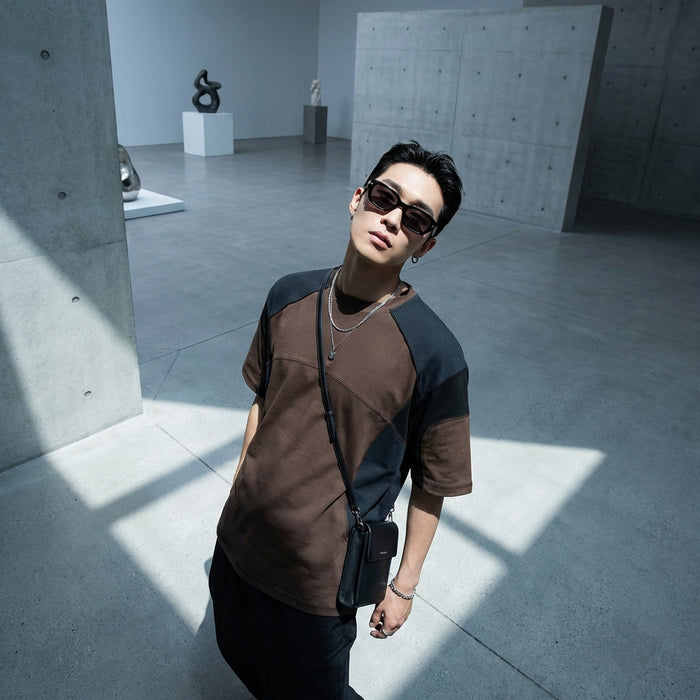 T-shirt oversize bicolore coton noir et marron - Koreanxwear