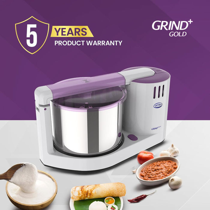 Ultra Grind Plus Gold 2L wet grinder with 5 years product warranty badge