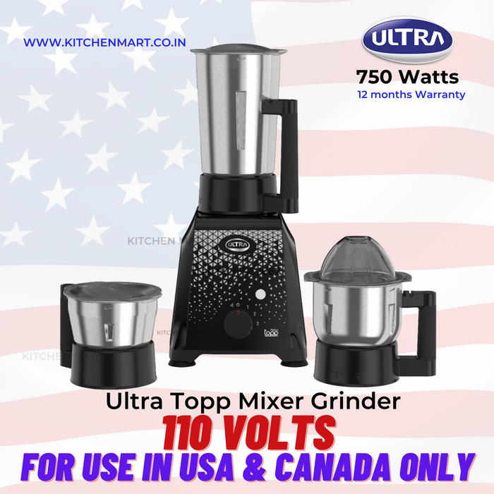 Ultra Topp 110volts 750W Mixer Grinder ( 3 Jars, Jet Black ) for use in USA and canada only