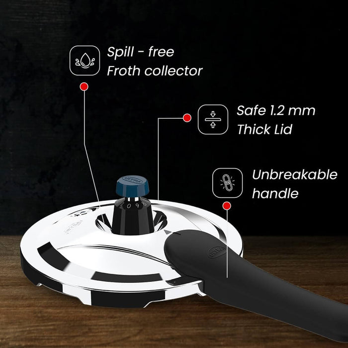 Close-up of Ultra Triply Krono Pressure Cooker lid highlighting spill-free froth collector, thick lid, and unbreakable handle.