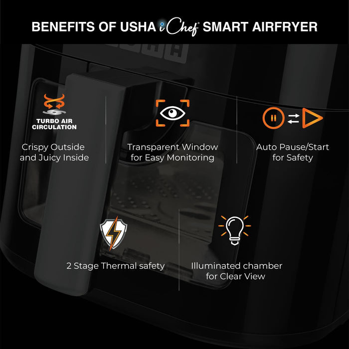 Usha iChef Smart Air Fryer 4.5L - 10 in 1 Functions, Digital Display & Touch Panel, Oil-Free Cooking