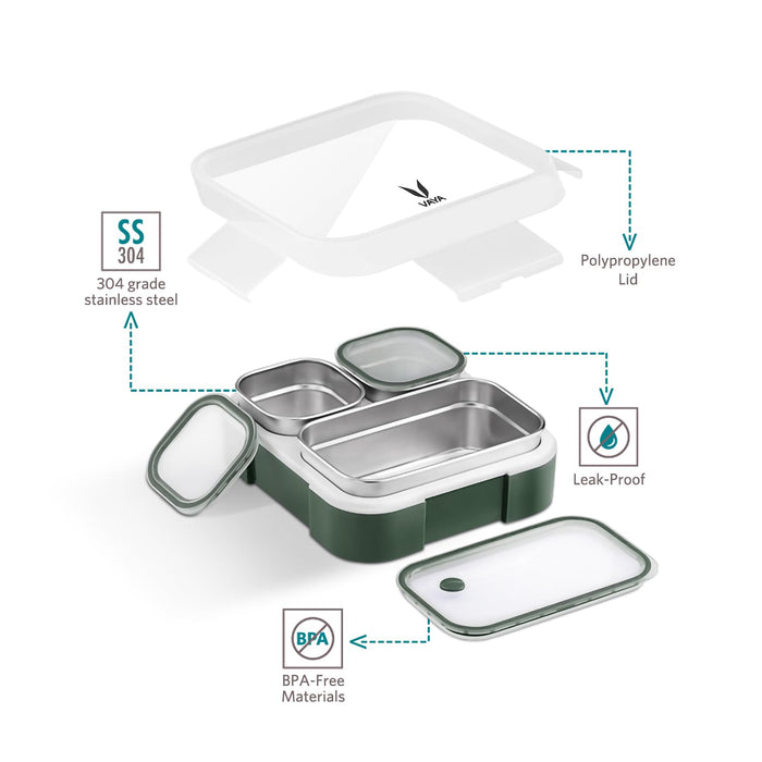 VAYA TYDBYT Stainless Steel Bento Lunch Box with 3 Leakproof Compartments – Perfect for Kids, Office & School