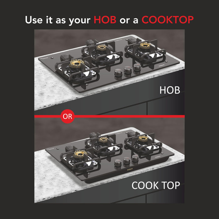 Vidiem Vogue V1-3 Burner Gas Cooktop/Hob - World's First Fully Removable Burner Assembly, Toughened Glass, Hexa Flame Brass Burners