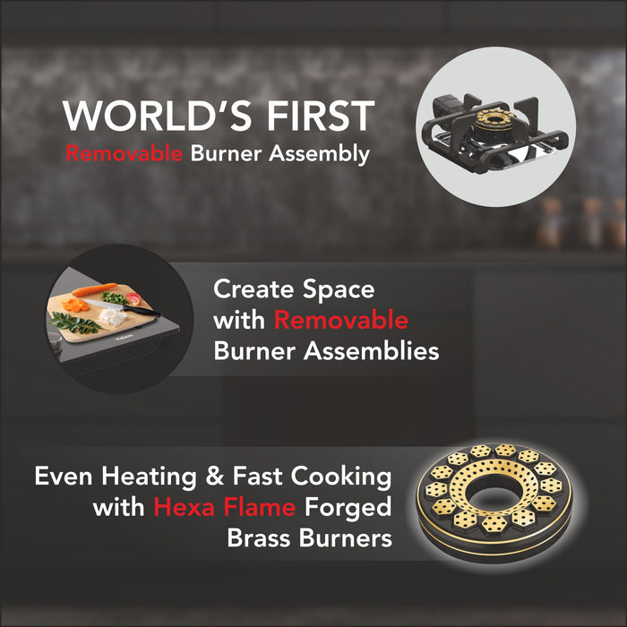 Vidiem Vogue V1-3 Burner Gas Cooktop/Hob - World's First Fully Removable Burner Assembly, Toughened Glass, Hexa Flame Brass Burners