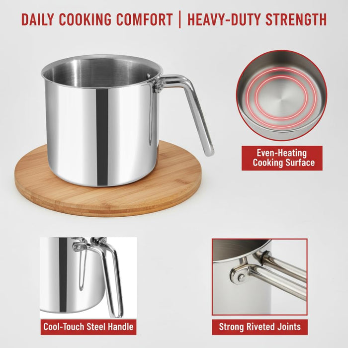 Vinod Platinum milk pot showing 2.5 mm thick base and even heating surface
