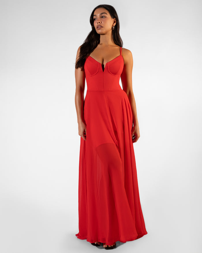 Full body front view of model wearing Vixen Corset Maxi Dress - Red