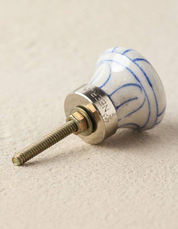 White and Blue Striped Ceramic Cabinet Knob