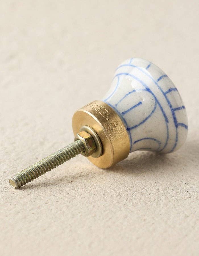 White and Blue Striped Ceramic Cabinet Knob